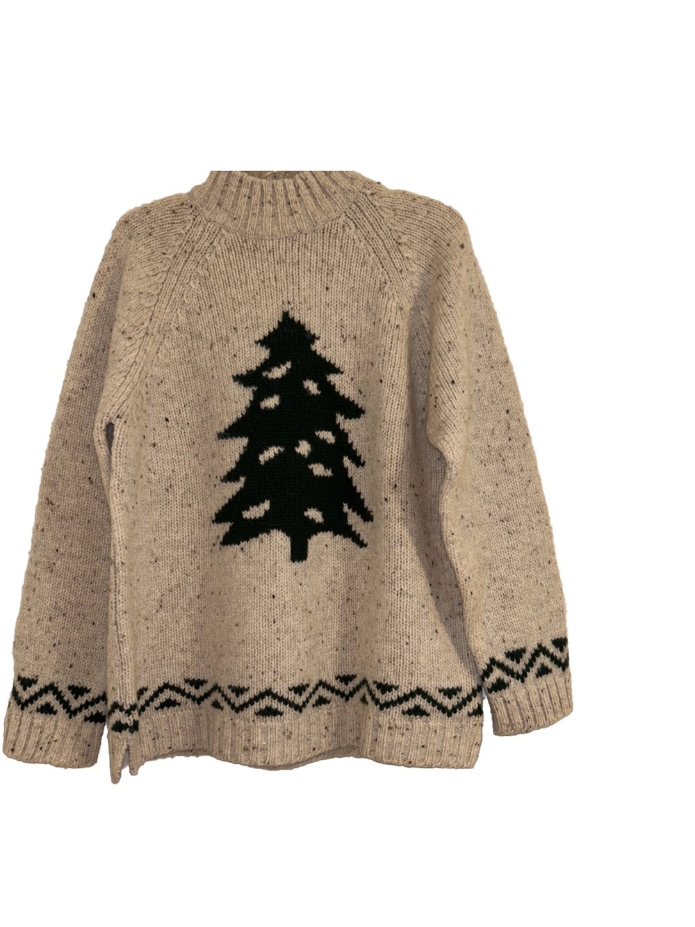 Eddie Bauer Women Wool Knit Beige Mockneck Sweater Holiday Tree Christmas Sz S